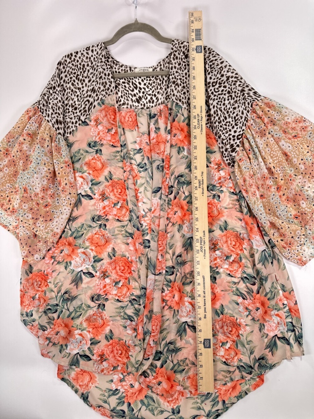UMGEE Mixed Print Floral Leopard Open Front Kimono Cardigan Peach Cream Size M - Picture 9 of 9